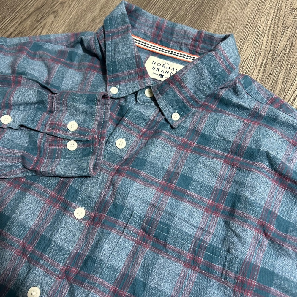The Normal Brand Button Down Shirt Large Blue Plaid Cotton Flannel Long Sleeve